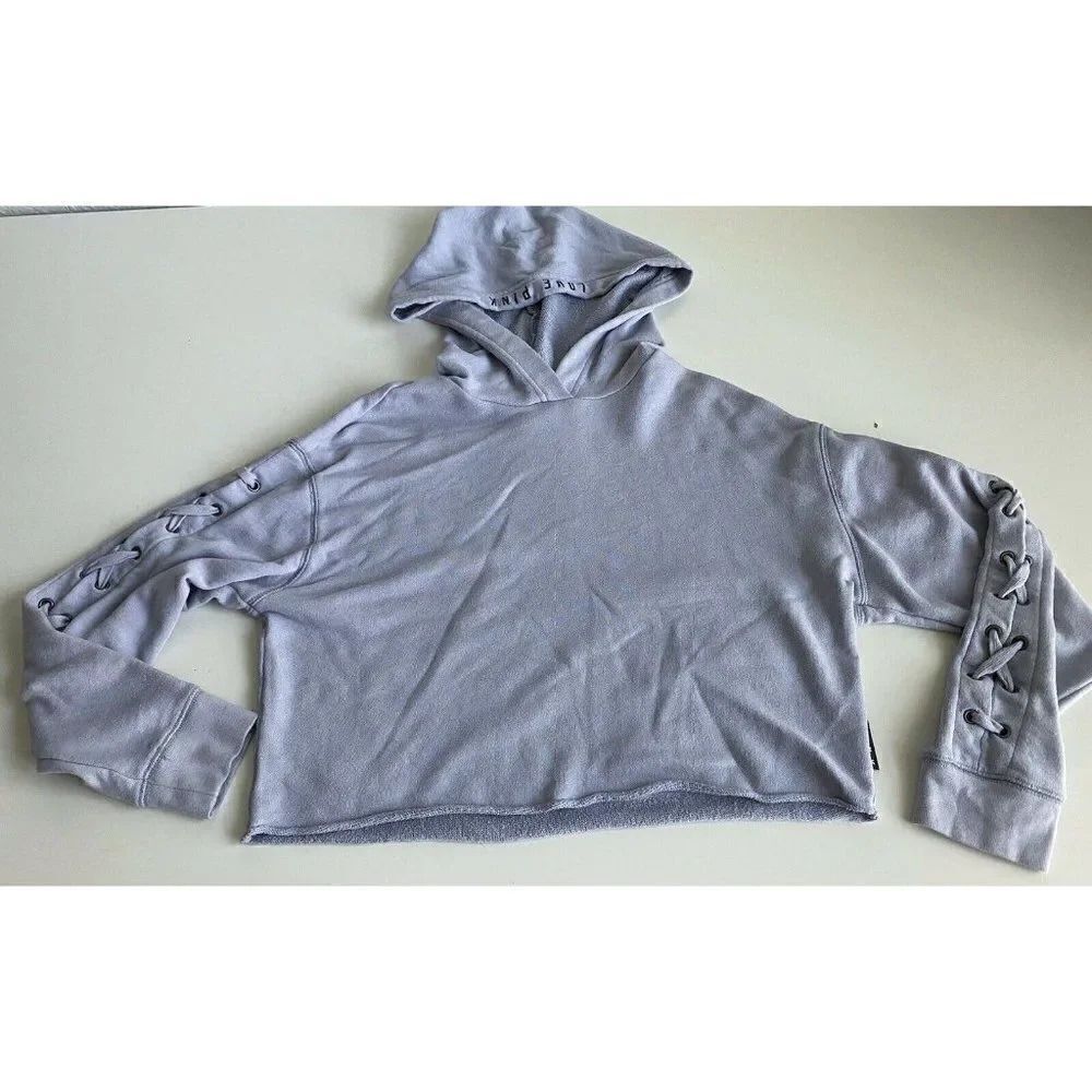 PINK VS Size XS Light Blue‎ Cropped Sweatshirt Hoodie Lace-Up Sleeves Logo Print